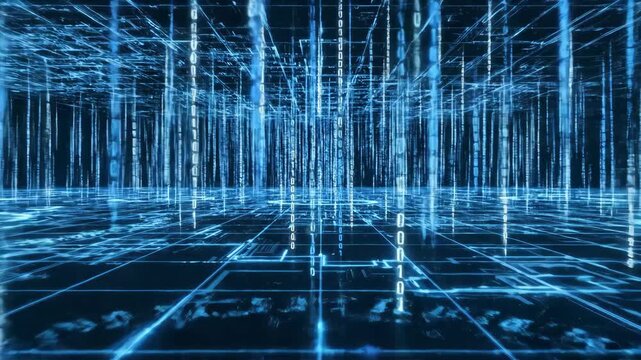 Abstract digital grid with flowing binary code and glowing circuits in blue
