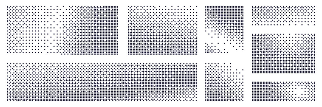 Set of pixel transform effect with halftone dot pattern. Black mosaic frames with square shapes, abstract disintegration. 8bit art backgrounds with explosion and geometric elements