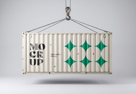 Front view of a white corrugated shipping cargo container mockup hanging from a metal crane hook with steel cables isolated on a solid light grey background