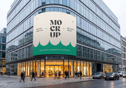 Perspective view of a massive curved digital LED billboard mockup mounted on the glass corner facade of a modern corporate building in a busy city street