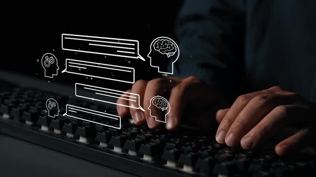 Hands Typing on Keyboard with Illustrative Concept of Communication and Thought Process in a Digital Environment. Entropy.