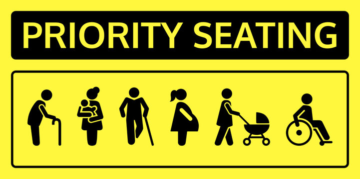 Vector priority seating sign in yellow and black with six pictograms showing elderly with walker, woman holding baby, disabled with cane, pregnant woman, parent with stroller, and wheelchair user.