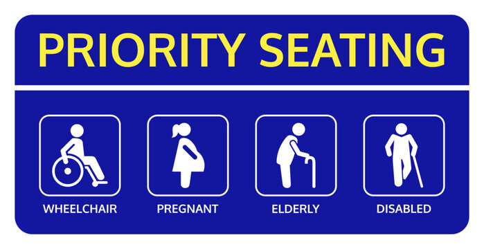 Vector priority seating sign in blue and yellow with four labeled pictograms showing wheelchair user, pregnant woman, elderly person with cane, and disabled person with crutch.