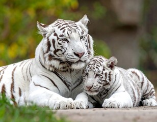 Obraz premium Close-up of a white tiger and cub lying side-by-side, heads resting together. Soft focus background with foliage