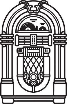 Vintage jukebox line art vector illustration of retro music player with record display and ornate grill.
