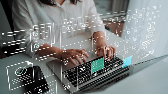 Modern Workspace with Interactive Calendar Display and Person Using Laptop for Productivity and Time Management. Entropy.