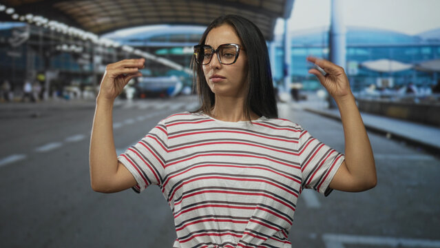 Woman wearing glasses pinches air between fingers with a puzzled squint at airport terminal curbside; frustration travel delay.