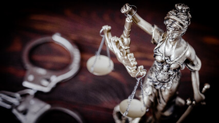 Silver scales balance justice beside handcuffs © I