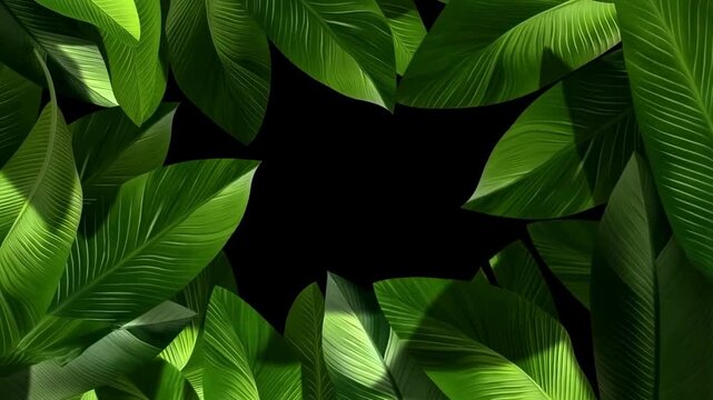 Slow motion pan of tropical leaves swaying at edge of black backdrop in studio close up tracking shot of banana palm foliage
