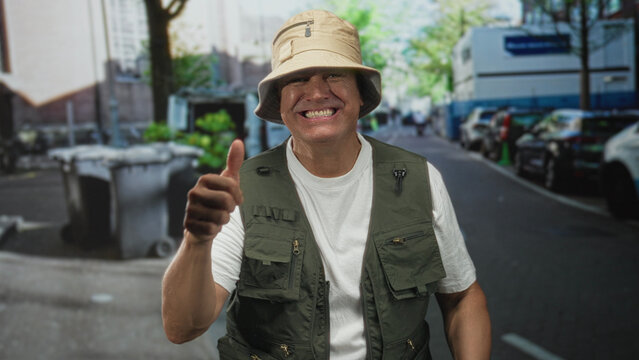 Man in bucket hat and green fishing vest bares forearms and gives double thumbs up while smiling on a street lined with parked cars and trash bins; optimism resilience.
