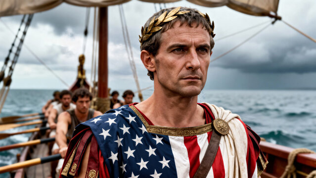 Ancient Roman ruler with modern national symbolism representing global influence