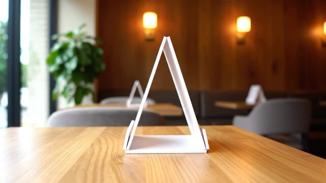 Blank white triangular menu stand on a wooden table in a modern cafe with warm lighting