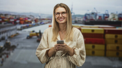 Fototapeta premium Woman holding smartphone with both hands, smiling and typing on phone near shipping containers on a street; contentment.