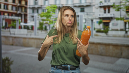 Fototapeta premium Blonde woman pointing finger at orange juice bottle while holding it in a green tshirt on a street; skepticism choice refreshment.