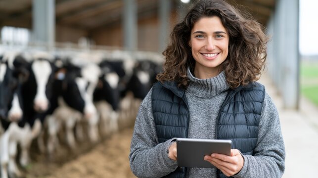 Female farmer using tablet in cow farm barn with dairy cows visible in the background, showcasing modern agricultural practices and technology in livestock management