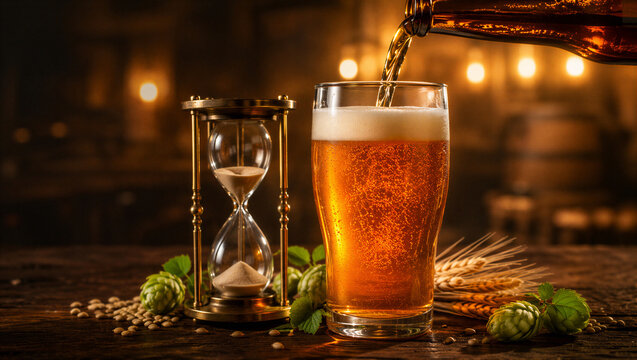 Pouring craft beer from a bottle into a glass on a rustic wooden table. Vintage hourglass with hops and barley. Time for a drink on International Beer Day
