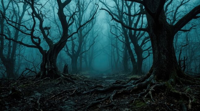 Eerie halloween forest path dark woods twisted trees and spooky atmospheric scenery