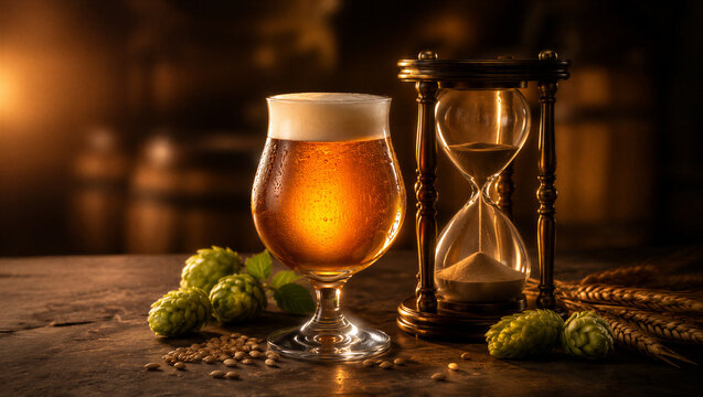 Glass of cold craft beer with foam and vintage hourglass on rustic wooden table. Fresh hops and malt grains. International Beer Day concept