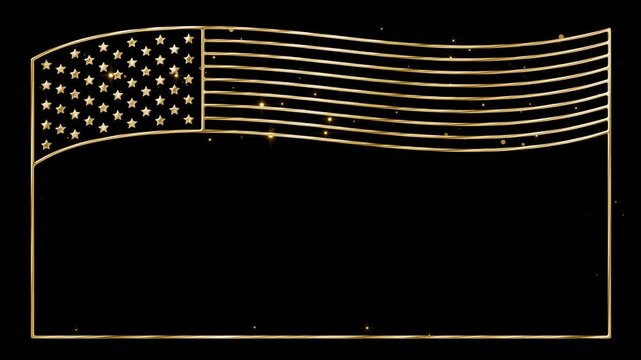 Golden American flag overlay frame with waving stripes and spacious copy area, designed for patriotic titles, Independence Day promotions and ceremonial events with chroma key compatibility
