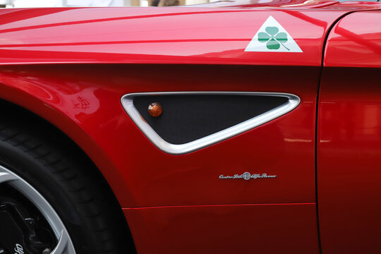 Modena, Italy, may 29 2026 - Motor Valley Fest 2026 public exhibition, Alfa Romeo 8C competition design detail, luxury sports car