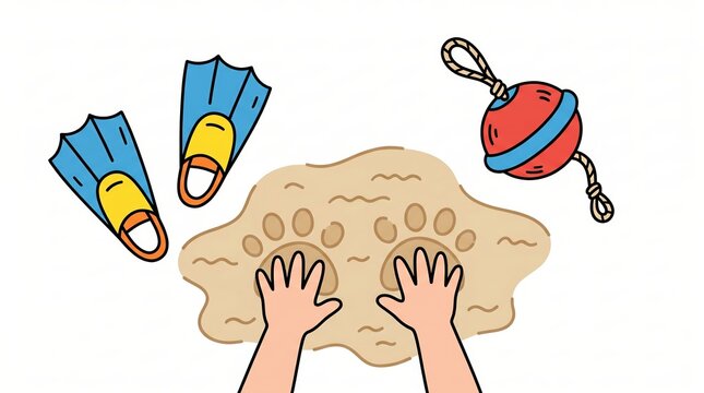 Colorful beach day illustration with childs hands making paw prints in sand, surrounded by dive fins and a fishing buoy