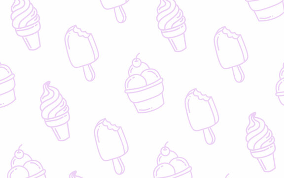 Ice cream seamless pattern background. Cute line art ice cream treats illustration. Soft serve cones, popsicles with bites, and gelato cups. Purple line pattern on a white background