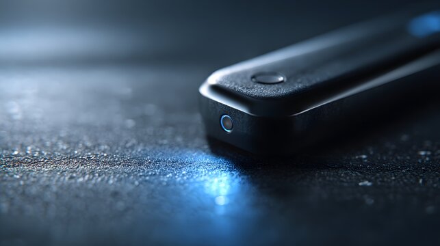 Close up of hardware crypto wallet device on dark carbon surface, cyber security blockchain financial technology and digital bitcoin asset protection concept
