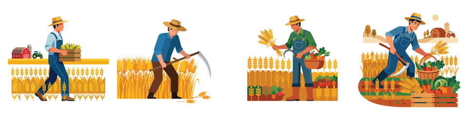 Fototapeta premium Collection of flat vector illustrations depicting hard working farmers harvesting fresh seasonal crops and wheat on agricultural land