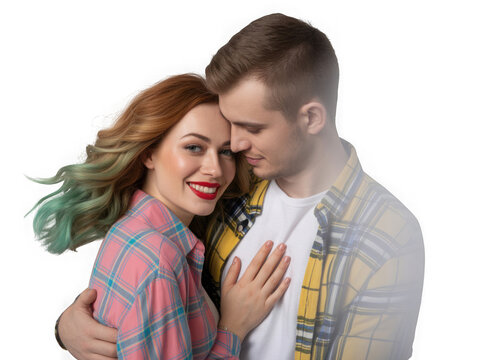 Soft romantic studio portrait captures affectionate couple embracing with warmth and love