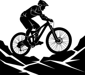 Fototapeta premium Mountain bike cyclist silhouette performing extreme downhill sport with mountain silhouette downhill