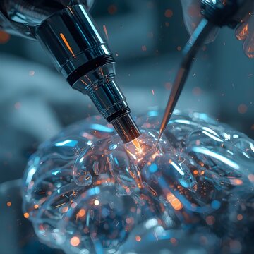 Close up of robotic surgical tools performing a precise neurosurgery or microchip operation on a glowing blue artificial human brain with sparks