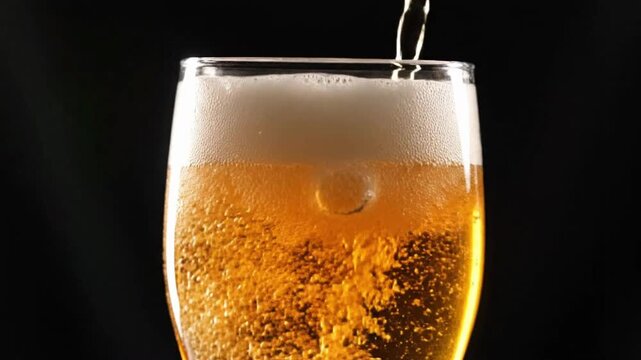 Slow motion pouring of beer into a glass in a dark setting for viewers to enjoy the process of filling the drink