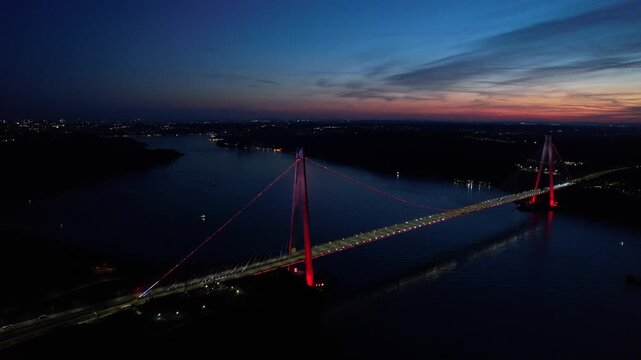 Yavuz Sultan Selim Bridge in Istanbul, Turkey. Aerial view at sunset with drone.