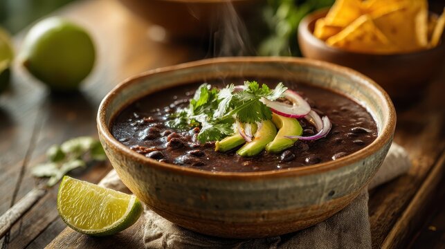 Traditional black bean soup served with avocado slices, red onion and cilantro