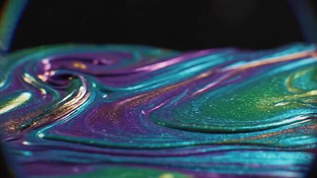 Shimmering iridescent green and blue fluid texture close-up.