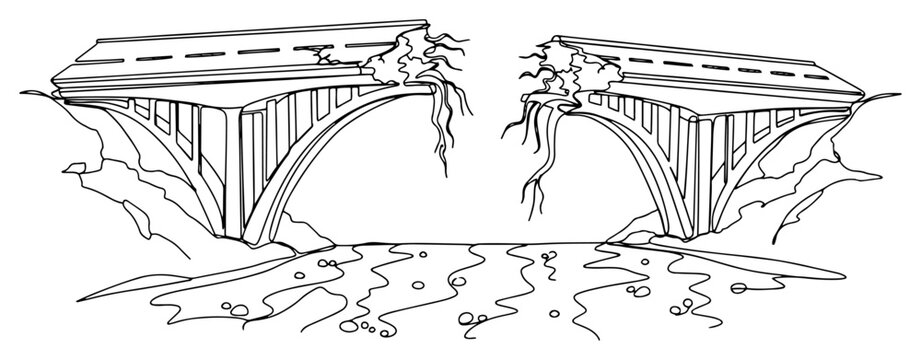 Broken bridge continuous line drawing, collapsed architecture disaster concept vector, ruined bridge over river minimalist landscape illustration