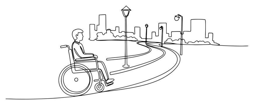 Man in wheelchair on road heading to city continuous line drawing, disability accessibility and inclusion concept minimalist vector landscape