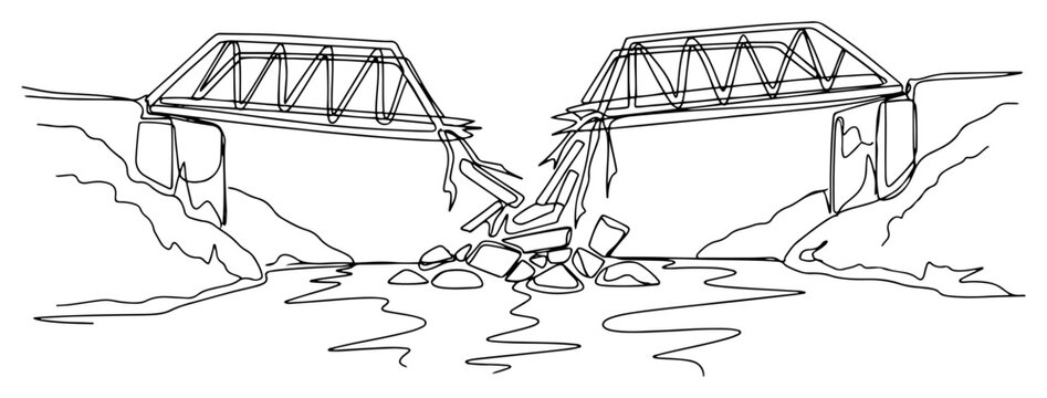 Broken truss bridge collapse continuous line drawing, architecture disaster and crisis concept minimalist vector illustration of ruined bridge over river