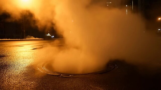 Dramatic nighttime steam rising from city street manhole in winter