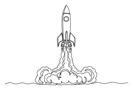 Rocket launch start up continuous line drawing, space mission blast off with smoke clouds business success startup concept minimalist vector