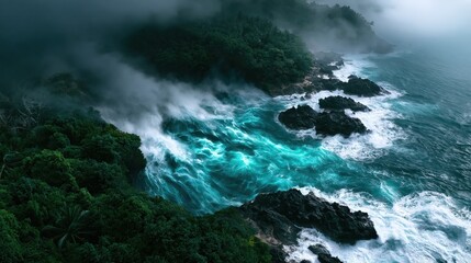 Obraz premium Aerial view of a wild tropical coastline with turquoise ocean waves crashing against rocky cliffs surrounded by dense jungle and dramatic mist.