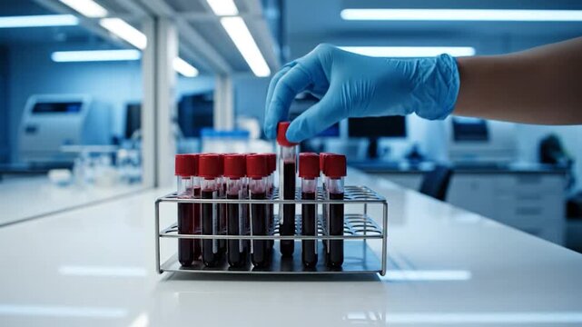 Blood samples in test tubes on a rack inside a modern medical laboratory