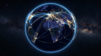 Naklejka premium Digital Network Connecting Earth to Space with Glowing Data Streams