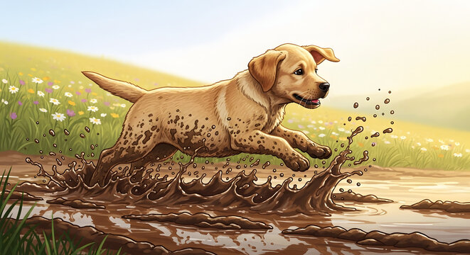 A playful dog runs through a muddy puddle in a field of flowers on a sunny day outside