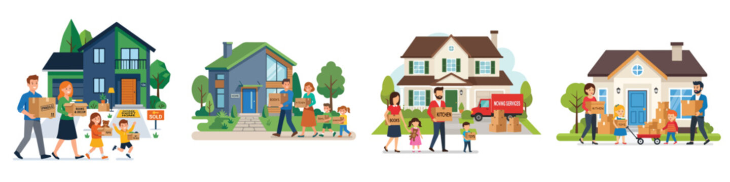 Happy families moving to new homes carrying cardboard boxes for relocation. Residential property investment and household life transition scenes