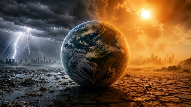 Earth globe is positioned between a heavy lightning storm and a hot dry desert landscape representing climate change.