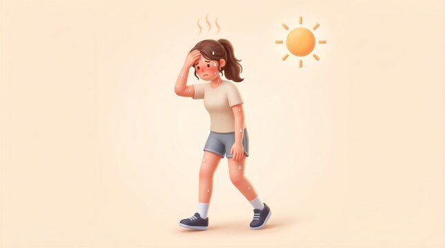Exhausted young woman in athletic wear wipes sweat from her forehead while walking under a blazing summer sun.