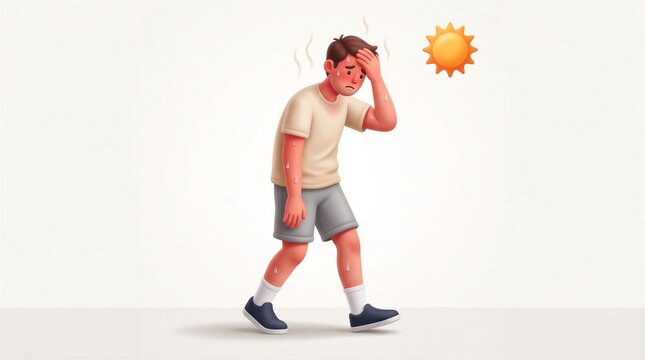 Tired man feels the intense heat of a summer day as he walks outside with sweat dripping down his face.