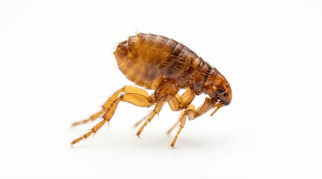 Detailed macro close-up shot of a brown flea insect isolated on a plain white background for pest control and biology concepts.