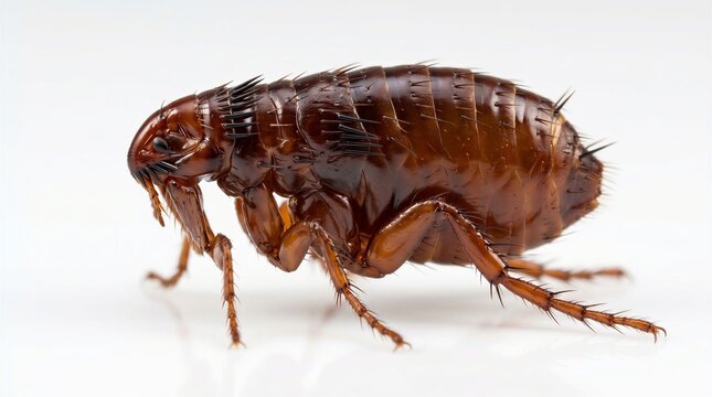 Detailed macro photograph of a brown flea insect showcasing its segmented body and bristles on a white background.